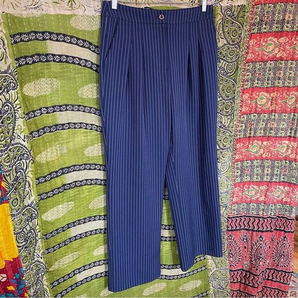 Commense Navy Pinstripe Pleated Wide-Leg Trousers Size Large - Picture 9 of 16